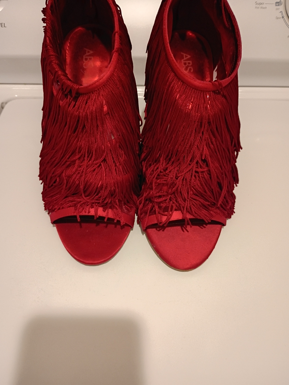 ABS Allen Schwartz Red Fringe Open-Toe Booties